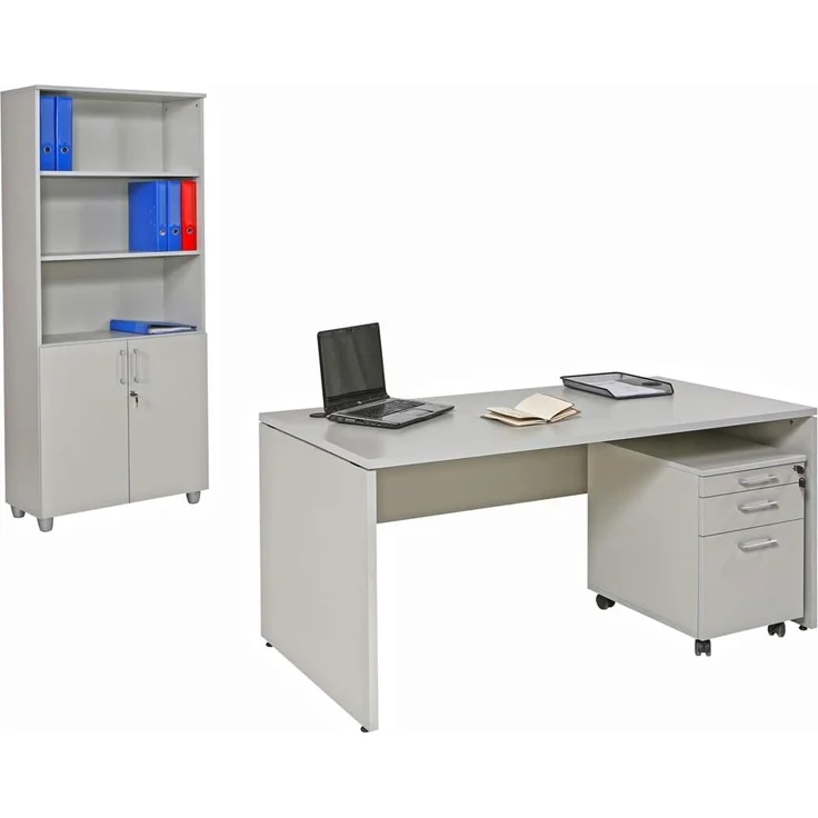 Schreibtisch Set 1 Nuvi, grau Dekor, Bestehend aus: Schreibtisch180 cm, Rollcontainer 3 Schübe & Aktenschrank 190 cm hoch – Bild 4
