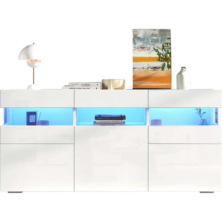 DESVIAE Sideboard mit LED-Beleuchtung, 140x66,5x40,5 cm, Spanplatte, Weiß, 3 Türen – Bild 7
