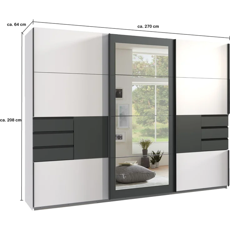 Schwebetürenschrank Kleiderschrank 270 cm 3-türig Schubladen Spiegel Weiß Grafit – Bild 7