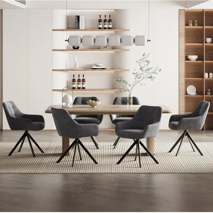 COLAMY Drehbare Esszimmerstühle 6er Set, Esszimmerstühle Drehbar mit Armlehne, Armlehnstuhl Drehbar mit Rückenlehne für Esszimmer, Stühle aus Weichem Florstoff mit Metallgestell für Küche, Grau – Bild 3