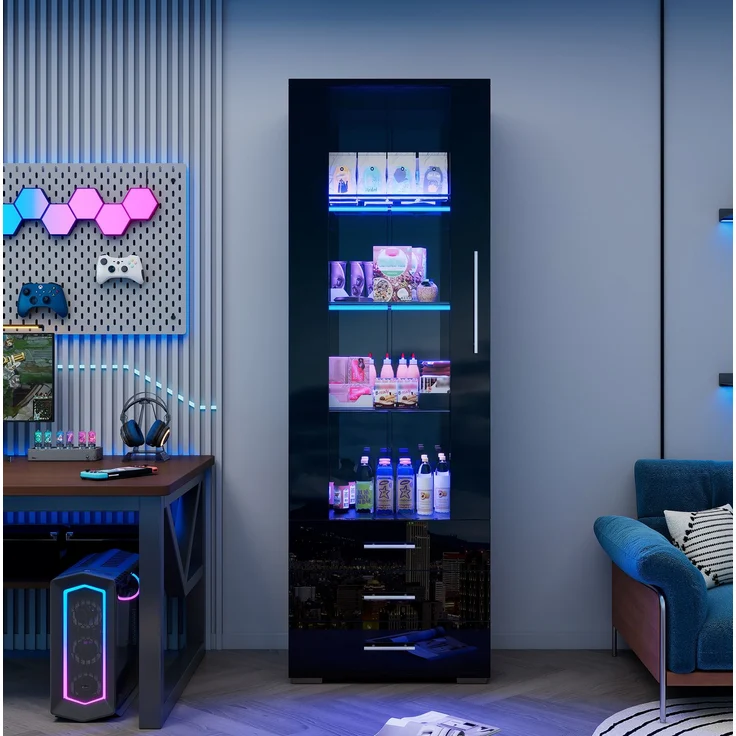 DESVIAE Vitrine aus MDF, Schwarz, 60x180x35 cm, mit 3 Schubladen und LED-Beleuchtung – Bild 1
