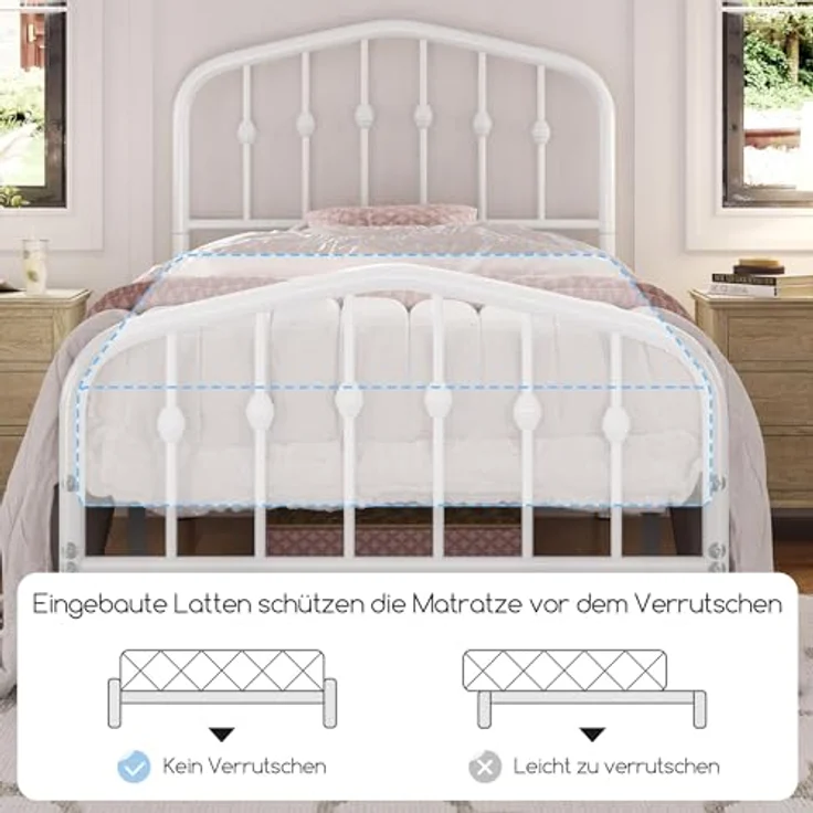 Yaheetech Bettrahmen 90 x 200 cm, Vintage Metallbett mit kronenförmigem Kopfteil, Stabiles Bettgestell Einzelbett aus Metall, Robust & Leichte Montage Gästebett Jugendbett Tagesbett, Weiß – Bild 6