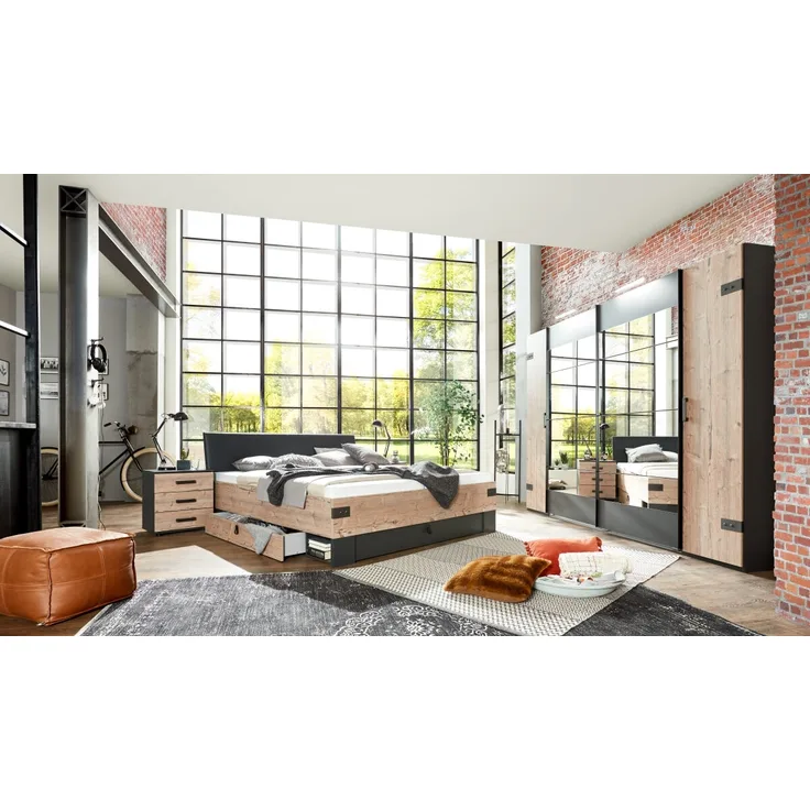 Schlafzimmer Komplett Set 4-tlg. STOCKHOLM Bett 180 Kleiderschrank Schwebetüren 272 cm Nachtkommoden Spiegel grau braun Weißtanne
