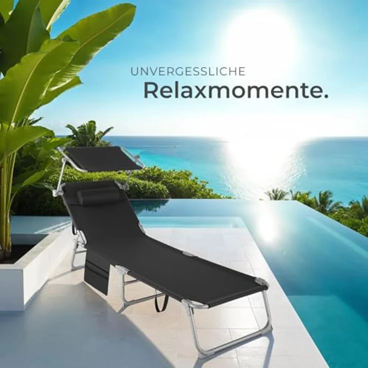 tectake® 2er Set Sonnenliege klappbar und tragbar, Liege mit Seitentasche, Strandliege, Gartenliege mit Dach, Liegestuhl mit Verstellbarer Rückenlehne, Kopfkissen - für Balkon, Terrasse (schwarz) – Bild 9