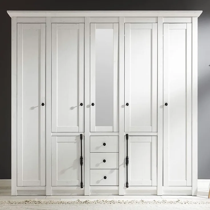 Großer Landhaus Kleiderschrank WINGST-61 mit Spiegel und Kleiderstankgen im Pinie weiß Nb. B/H/T ca. 227 x 206 x 64 cm