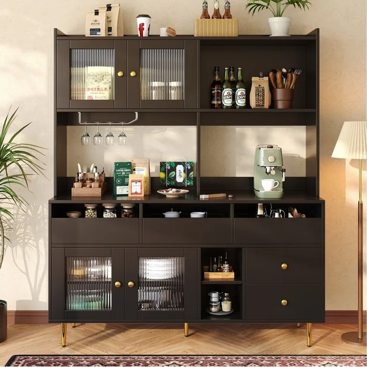 Flieks Hochschrank Küchenbuffet (145x39x171 cm, 1-St) Küchenschränke mit Arbeitsplatte, Glastüren und Schubladen Sideboard