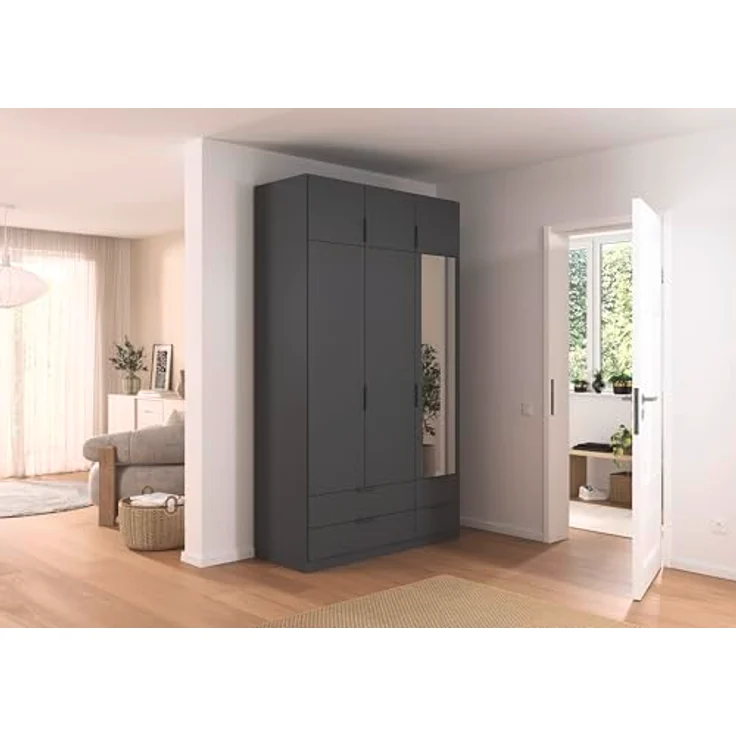 Rauch Möbel Lagoa, Kleiderschrank, Garderobe für Schlafzimmer, Kinderzimmer, Jugendzimmer 6-türig, mit Spiegel, 4 Schubladen, mit Zubehör Classic, Farbe Grau metallic, Schwarz, Breite 136 – Bild 3