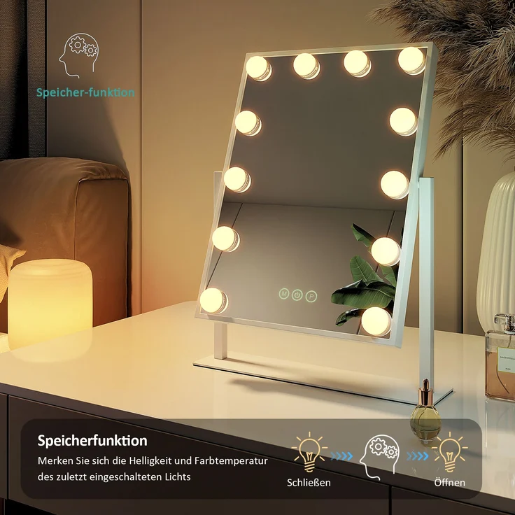 EMKE Hollywood Spiegel Schminkspiegel mit Beleuchtung 9 Dimmbaren LED-Leuchtmitteln 360° Drehbar Kosmetikspiegel mit 3 Lichtfarben 7× Vergrößerung Touch-Steurung,Weiß,25×30cm – Bild 3