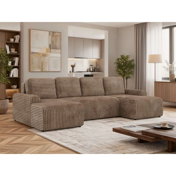 Modernes Familiensofa NESSARO U, Wohnlandschaft U-Form mit Schlaffunktion und Bettkasten, DL-System, lose Kissen, Rückenkissen, Bonellfederkern - Braun Cord