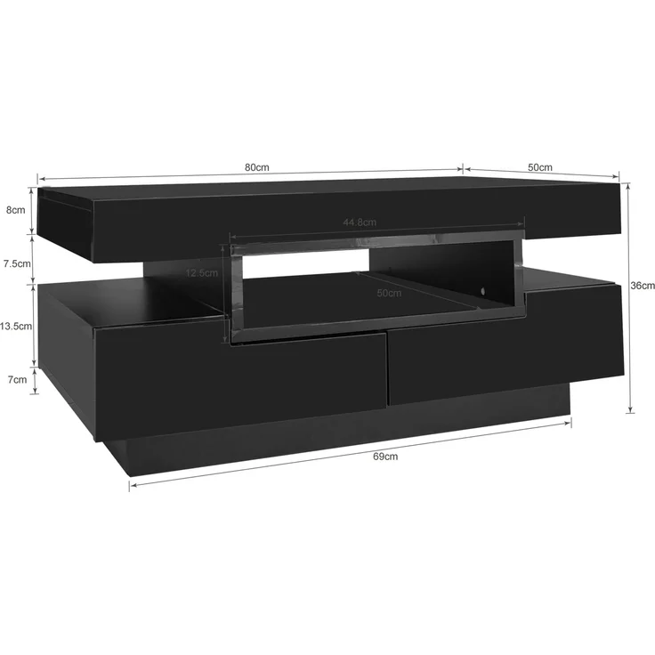 Merax Couchtisch, Hochglanzoberfläche, mit LED-Lichtleiste, mit 4 Schubladen, Schwarz – Bild 4