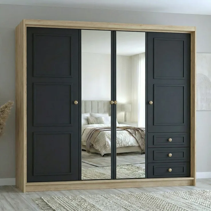 Drehtürenschrank OSLO viertüriger Kleiderschrank mit Schubladen und Metallgriffen