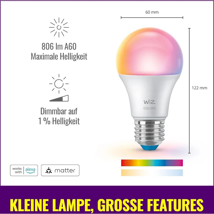 Wiz Smart LED A60-Lampe, Color und Tunable White, E27-Sockel, äquivalent 60 W, 2200–6500 K, 806 Lumen, dimmbar, funktioniert mit Alexa, Google Assistant, und Apple Home, 2er Pack – Bild 9