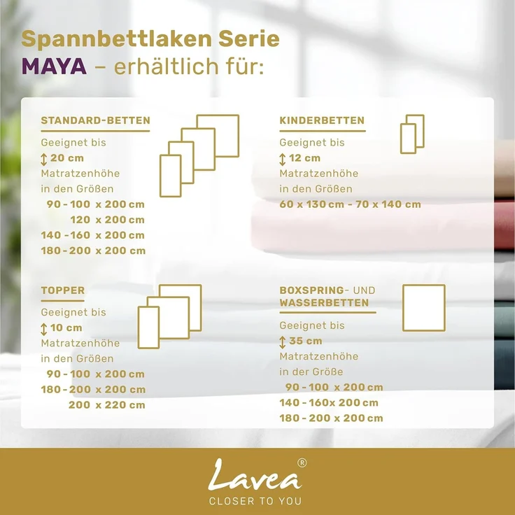 Lavea Spannbettlaken Bettlaken Maya, 180x200cm, 200x200cm, 140x200cm, 160x200cm, 100% Baumwolle Jersey, Gummizug: rundum, (2 Stück), für Matratzen, Topper, Boxspring- und Wasserbetten, weich, langlebig – Bild 8