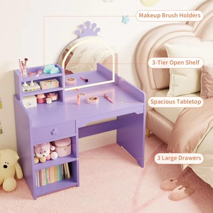2 in 1 Schminktisch Kinder Set, Kinderschminktisch mit Spiegel & LED-Lichtern, Schminktisch für Mädchen, Kinderschminktisch mit Hocker, Schubladen, Offenen Fächern, Prinzessin Frisiertisch Holz, Lila – Bild 6