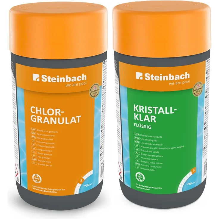Steinbach | Poolpflege Starter-Set | Chlorgranulat 1 kg + Kristallklar flüssig 1 l | Perfektes Set zur Reinigung und Wartung | Ideal zur Erstdosierung und Schockbehandlung