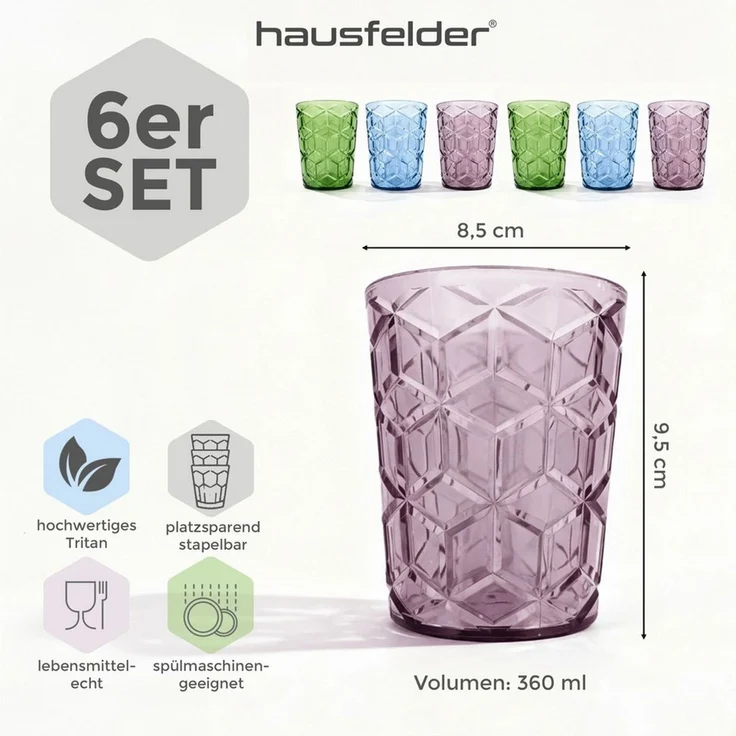 Hausfelder Gläser-Set Tritan Trinkgläser, 6er Set bunt, Diamond Design, 6-tlg, Kunststoff – Bild 2