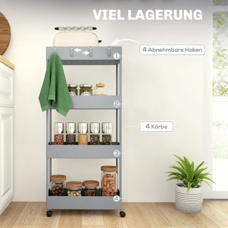 Küchenrollwagen 40 x 19 x 90 cm mit 4 Ebenen, Stahl und ABS, grau – Bild 7