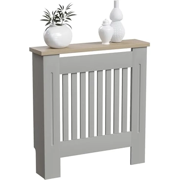 Vida Designs Arlington Heizkörper-Abdeckung, moderner, grau-lackierter Schrank aus mitteldichter Faserplatte, Lamellen, Rillen, obere Regalplatte aus Holz, klein