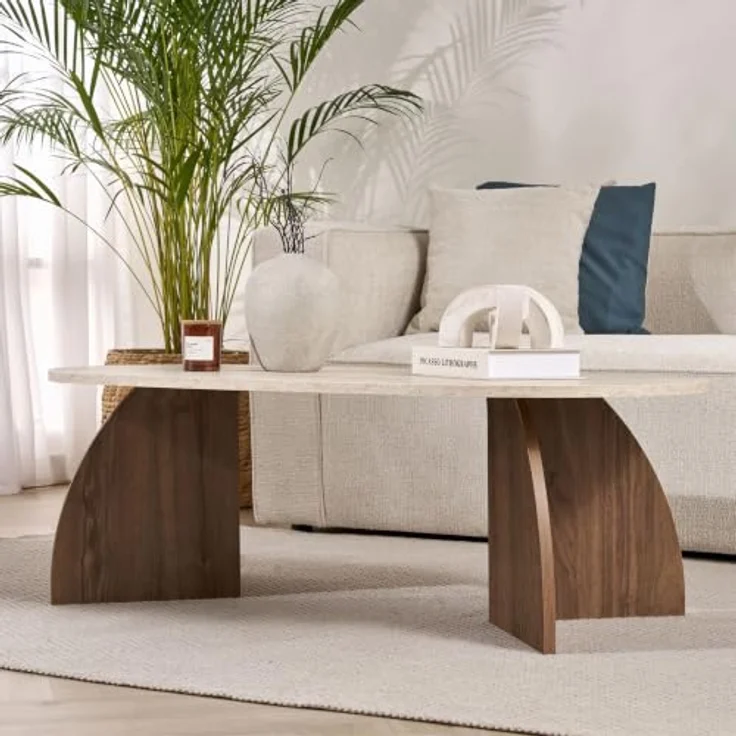 Hanah Home Stilvoller Couchtisch, 120 cm x 60 cm x 40 cm | 100% melaminbeschichtete Spanplatte, 18 mm stark | Elegante Oberfläche in Travertin- und Venezia-Walnuss-Optik, Tragkraft 25 kg – Bild 2