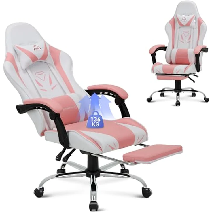 COLAMY Gaming Stuhl, Computer Stuhl mit Fußstütze und Lendenwirbelstütze, höhenverstellbarer Gaming Chair mit 360°-Drehsitz und Kopfstütze, Video Gamer PC Stuhl, Ergonomische hohe Rückenlehne, Rosa – Bild 2