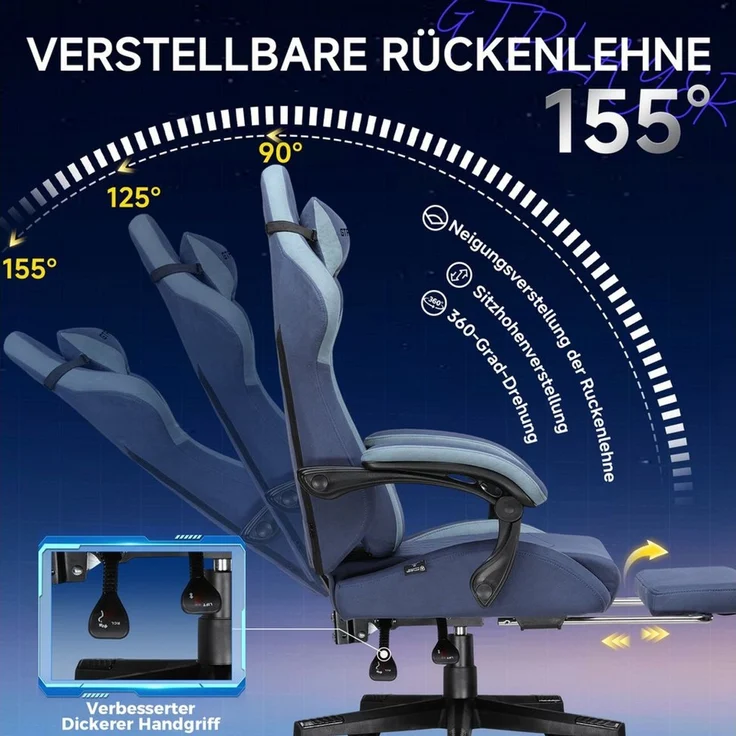 GTPLAYER Gaming-Stuhl Stoff Gaming Chair Ergonomisch Bürostuh PC Stuhl, 150kg Belastbarkeit, Schreibtischstuh mit Federsitzkissen und Fußstütze – Bild 1
