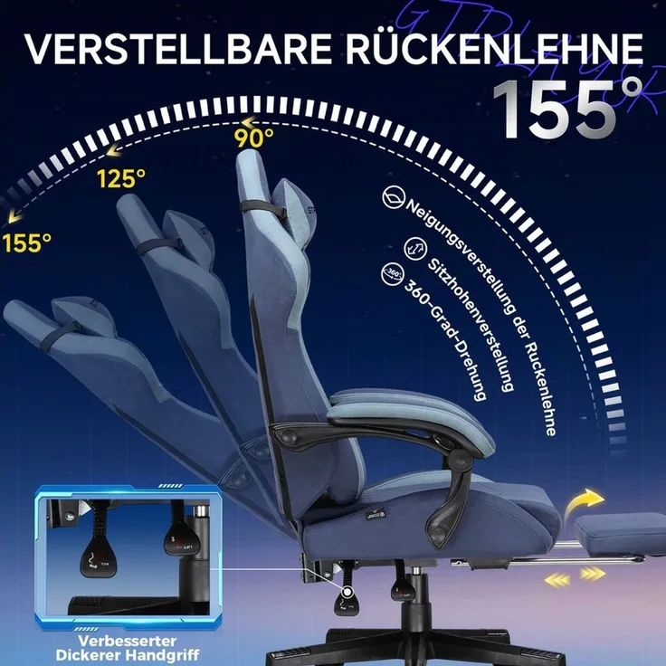 GTPLAYER Gaming-Stuhl Stoff Gaming Chair Ergonomisch Bürostuh PC Stuhl, 150kg Belastbarkeit, Schreibtischstuh mit Federsitzkissen und Fußstütze