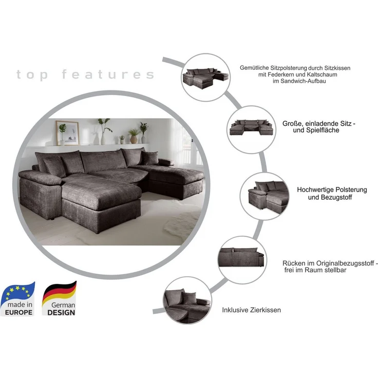 OTTO home Wohnlandschaft Cosy U-From Breite 309 cm, Sitzaufbau im Sandwich-Federkern, Bezüge in Cord oder Struktur weich wählbar mit Kaltschaumauflage – Bild 2