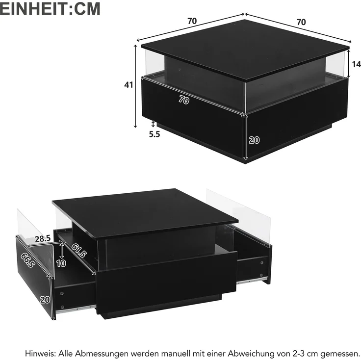 Couchtisch, Hochglanz, mit LED-Beleuchtung, 2 Schubladen & transparentem Display, 70x70x41 cm, Schwarz – Bild 10
