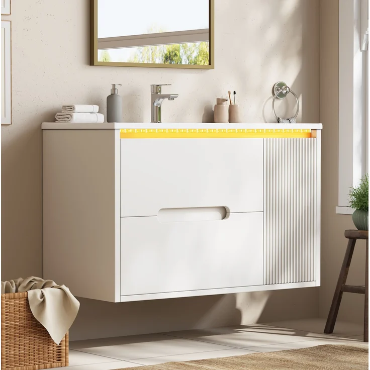 Waschbeckenunterschrank 81 x 47 x 51 cm mit Keramikwaschbecken und App-gesteuerter LED-Beleuchtung, Weiß – Bild 4