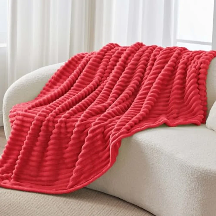 BEDELITE Kuscheldecke Flauschig Decke 150x200 - weiche XL Flanell Decken Rot für Couch, Deko Streifen Cord Fleecedecke als Couch Überwurf für Wohnzimmer, Twin Blanket Wide Use – Bild 2