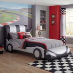 Bett HWC-E14, Auto Junge Kinderbett Jugendbett, Lattenrost Kunstleder Holz 190x100 cm ~ schwarz-silber