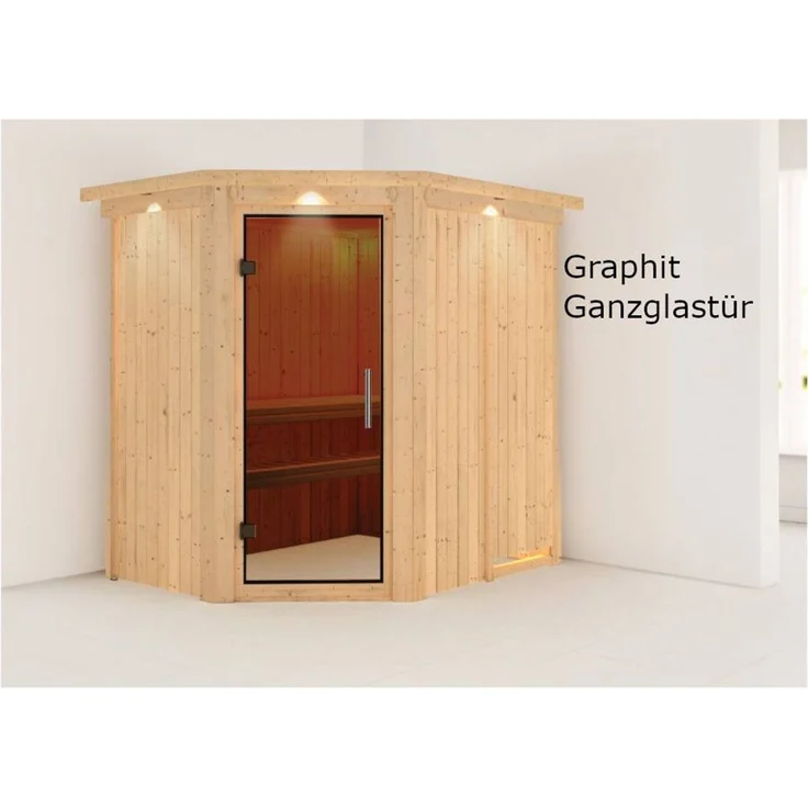Karibu Sauna Carin mit Dachkranz + 9kW Saunaofen mit integrierter Steuerung Klarglas Ganzglastür – Bild 6