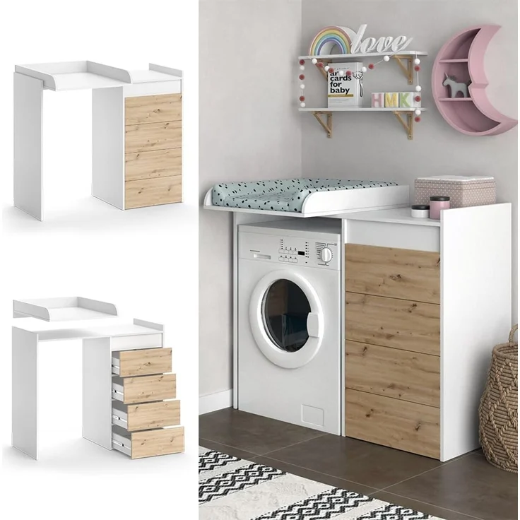 Waschmaschinenschrank Alf Weiß 116 x 98 cm mit 4 Schubladen Vicco – Bild 4