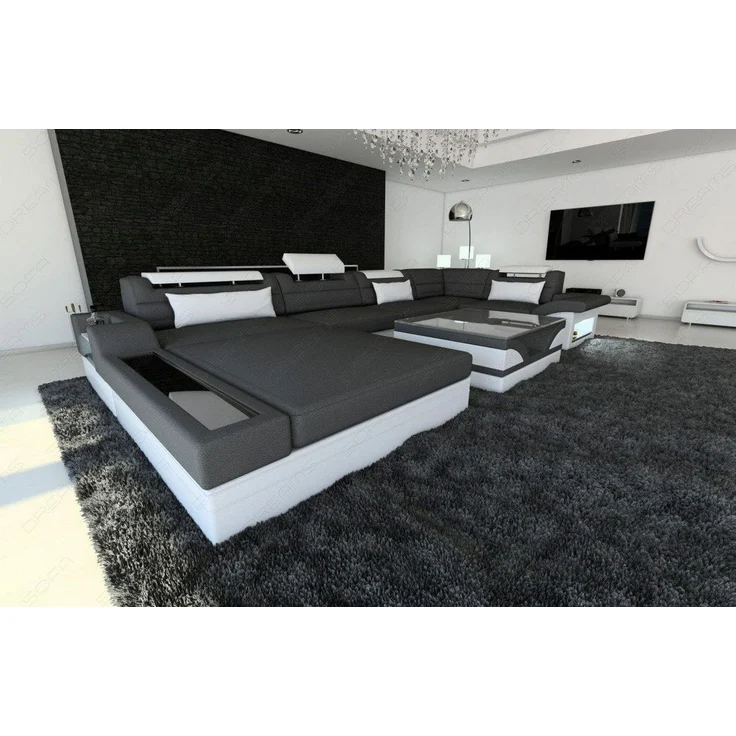 Wohnlandschaft Mezzo Materialmix mit LED - Mikrofaserstoff - Dunkelgrau-Weiß - Links – Bild 2
