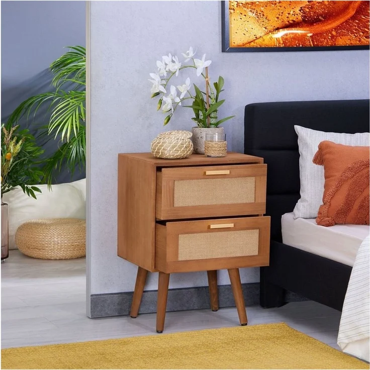 CARO-Möbel Nachtkommode WAMAN, Nachttisch Nachtkommode 2 Schubladen aus Holz und Jute Geflecht Boho – Bild 2