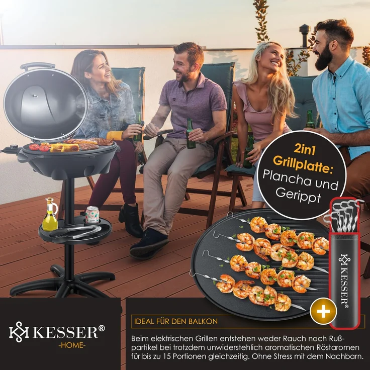 KESSER® elektrischer Elektrogrill 2in1 Tischgrill - Standgrill mit Deckel Standfuß | max. 2400 Watt Thermometer | Antihaftbeschichtung | XXL Grillplatte | integrierte Ablagefläche Elektro-Säulengrill Schwarz - Set – Bild 3