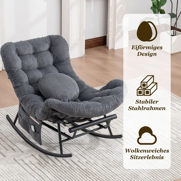 LVHOM Schaukelstuhl mit ausziehbarer Fußstütze, Rattanstuhl mit Stahlrahmen, Schaukelsessel mit gepolstertem Kissen und Seitentasche, Lounge Sessel, 1 St, Dunkelgrau – Bild 8