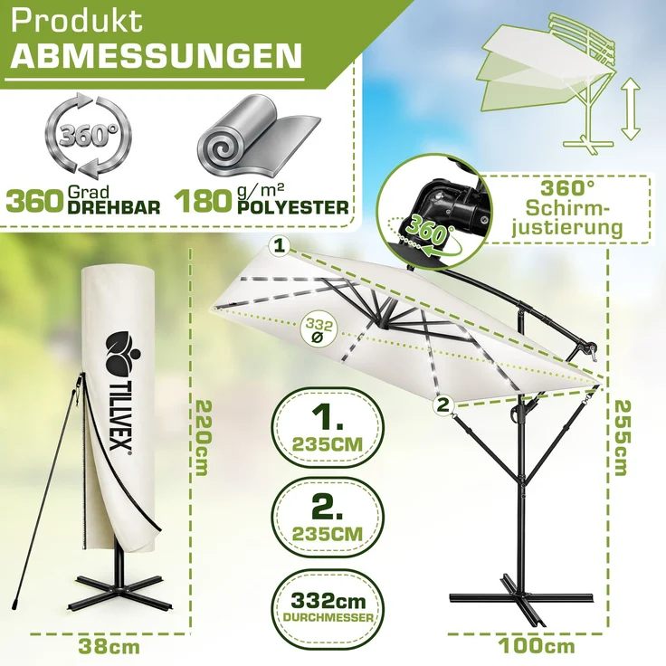 tillvex® Alu Sonnenschirm Rechteckig Ø 330 cm mit LED Solar Beige + Abdeckung mit Kurbel | Ampelschirm mit Ständer & Windschutz | Gartenschirm UV-Schutz, wasserdicht, 360° drehbar | Kurbelschirm Marktschirm – Bild 7