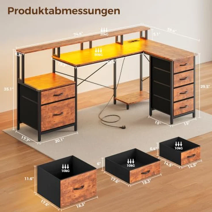 IRONCK Schreibtisch L Form Gaming Tisch mit LED & Steckdosen 2AC+1USB+1C, 189x100cm Eckschreibtisch mit 6 Schubladen&Monitorständer, Reversible Computertisch mit Stauraum für Home Office Vintagebraun – Bild 3