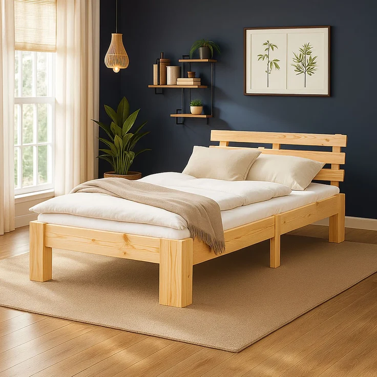 Holzbett Jugendbett Einzelbett 90x200 Bett mit Matratze und Lattenrost Holzbettrahmen Natur Massiv Holz – Bild 2