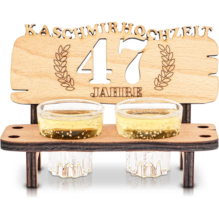 DARO Design - Schnapsbank 47. Hochzeitstag Kaschmirhochzeit Geschenk Deko für Paare Männer Frauen aus Holz mit Gläsern