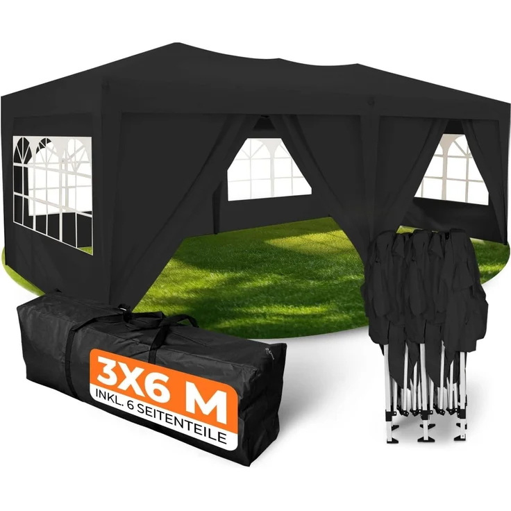 Kronenburg Faltpavillon wasserdicht Pavillon mit 6 Seitenteilen, Gartenzelt, 3x6 m - mit UV Schutz 50+, Schwarz – Bild 1