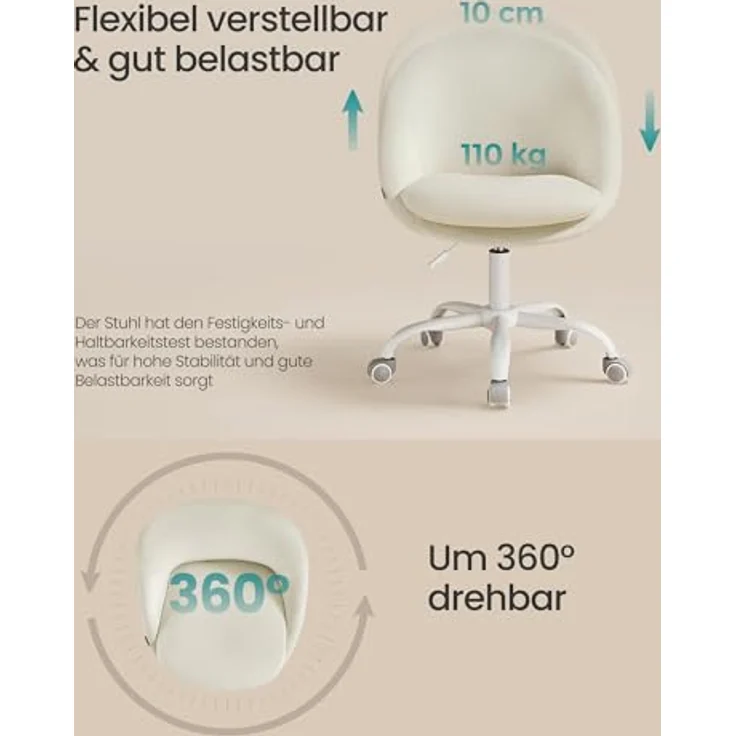 SONGMICS Homeoffice-Stuhl, Schminkstuhl mit Samt-Vorderseite, Schreibtischstuhl, Schaumstoffpolsterung, höhenverstellbar, für Arbeitszimmer, Schlafzimmer, cremeweiß OBG020WD01 – Bild 7
