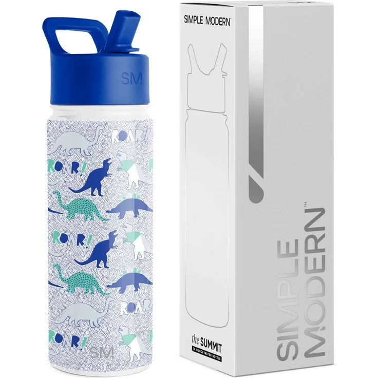 Simple Modern Trinkflasche Kinder mit Strohhalm | Sport Isolierte Edelstahl-Kindertrinkflasche für Kleinkinder Jungen und Mädchen | Summit | 530ml | Dinosaur Roar