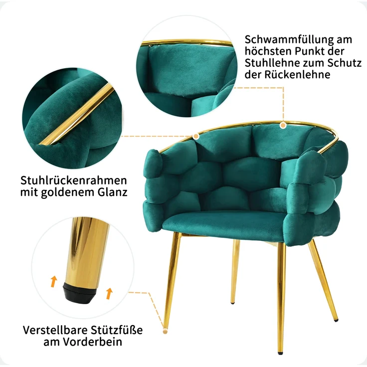 Eleganter Samtstuhl Grün mit goldenem Rückengestell mit ergonomischer Rückenlehne, verstellbaren Metallbeinen – Bild 5