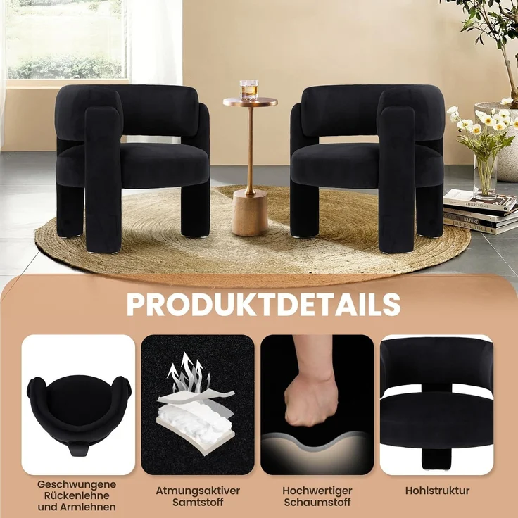 COLAMY Modern Velvet Ohrensessel 2er Set, Gepolsterter Sessel Wohnzimmer, Bequemer Runder loungesessel mit 3 Beinen für Wohnzimmer, Schlafzimmer, Leseecke, Schwarz – Bild 3
