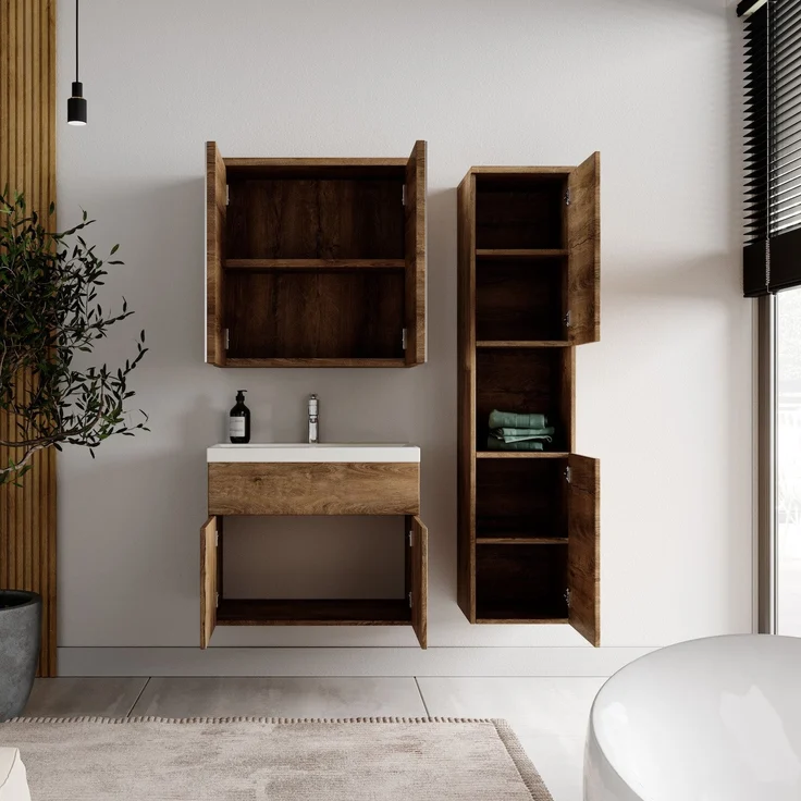 Badplaats Badmöbel Komplettset Montreal 60x35 cm Braun Eiche - Badezimmermöbel mit Waschbecken, Spiegelschrank und Badezimmerschrank – Bild 3