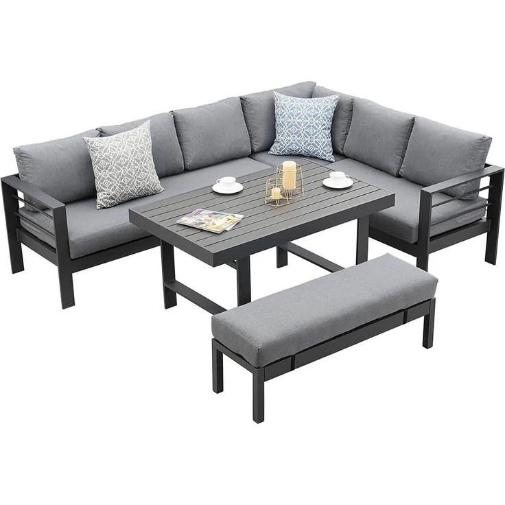 MeXo Gartenlounge-Set Gartenmöbel Set Aluminium, (Gartenlounge Ecklounge, 5-tlg, 3 Ecksofas, 1 Bank, 1 Esstisch, 11 dicke Kissen), Wetterfest Terrassenmöbel Set für 8 Personen – Bild 5
