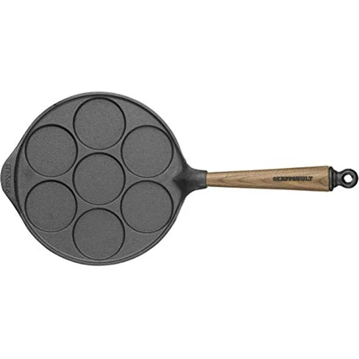 Skeppshult Pfannkuchenpfanne für 7 Mini-Pancakes Gusseisen 23 cm Walnussholzgrif - Schwarz - 20 bis 24 cm