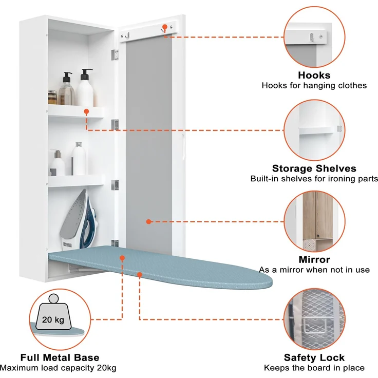 Wandbügelbrett mit integriertem Schrank, klappbarem Bügelbrett und Wandspiegel für Zuhause, Wohnung und kleine Räume – Weiß – 34 x 17,5 x 95 cm – YOUDENOVA – Bild 4